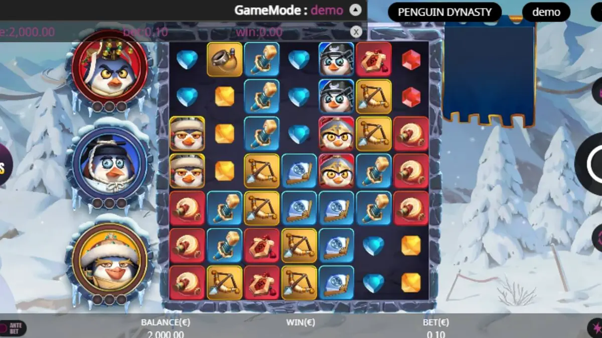 Tampilan visual slot Penguin Dynasty dengan latar belakang istana es dan simbol penguin prajurit.