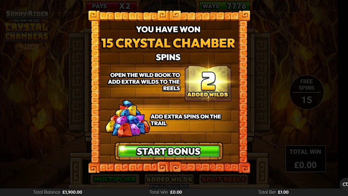 Sonny Rider & The Crystal Chambers slot game interface showing Aztec temple background
