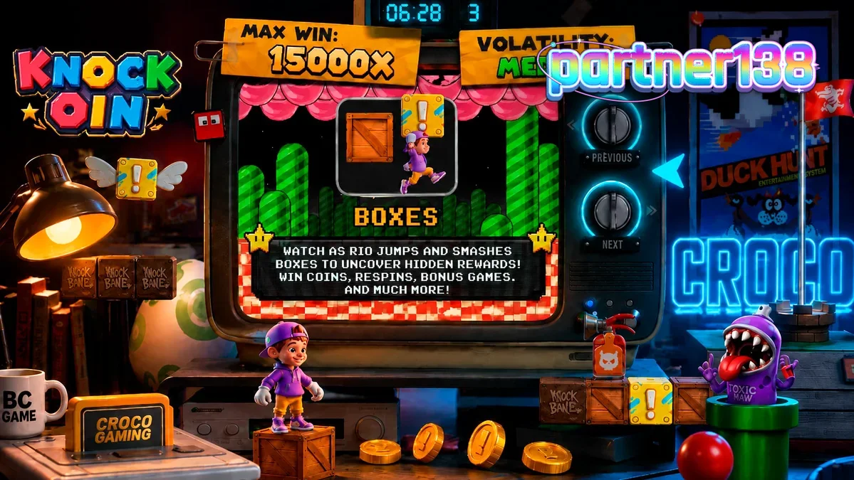 Tampilan visual retro game slot KNOCKOIN dengan karakter Rio